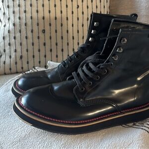 Camper Black Leather Lace-Up Ankle Boots with Red Accent